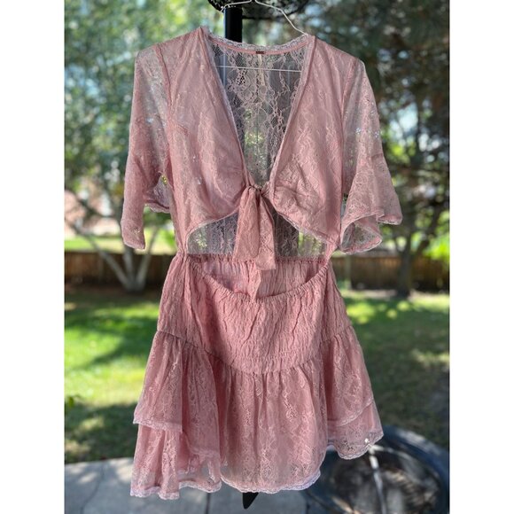 New FREE PEOPLE  Size L Lala Lace Mini Dress $128 Pink Sexy Boho Chic Festival - Picture 5 of 16